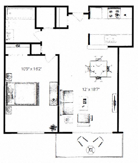 Floor plan for 1 bed, 1 bath, 512 sqft